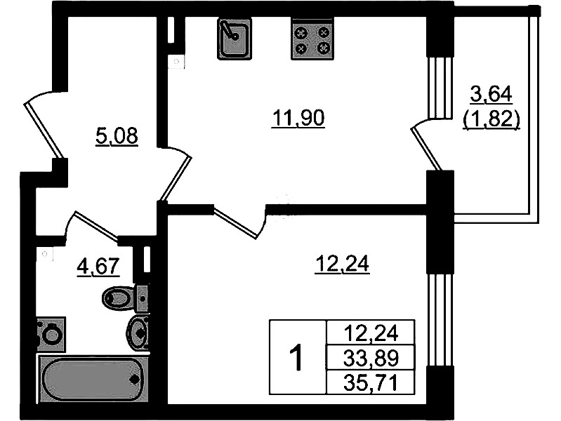1-комнатная квартира 35.71 м², 2/4 эт., ЖК «Новая история»